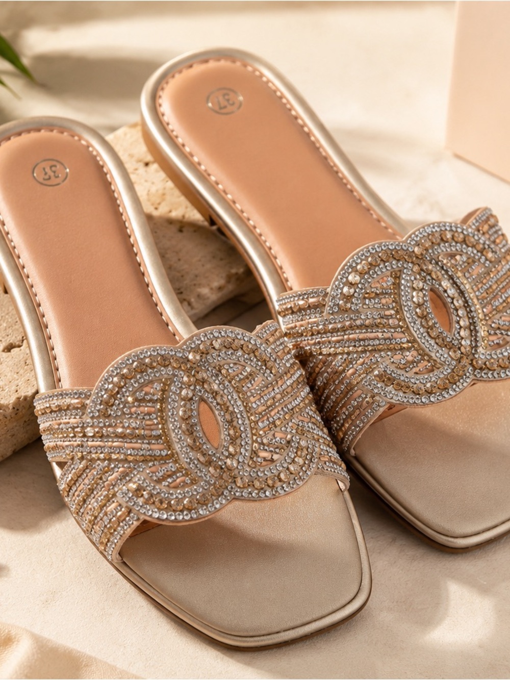 Embellished Gold Slide Sandals for Women